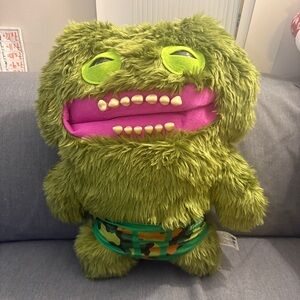 Fuggler Fluffy Green Monster Plush Toy with Pink and Yellow Details